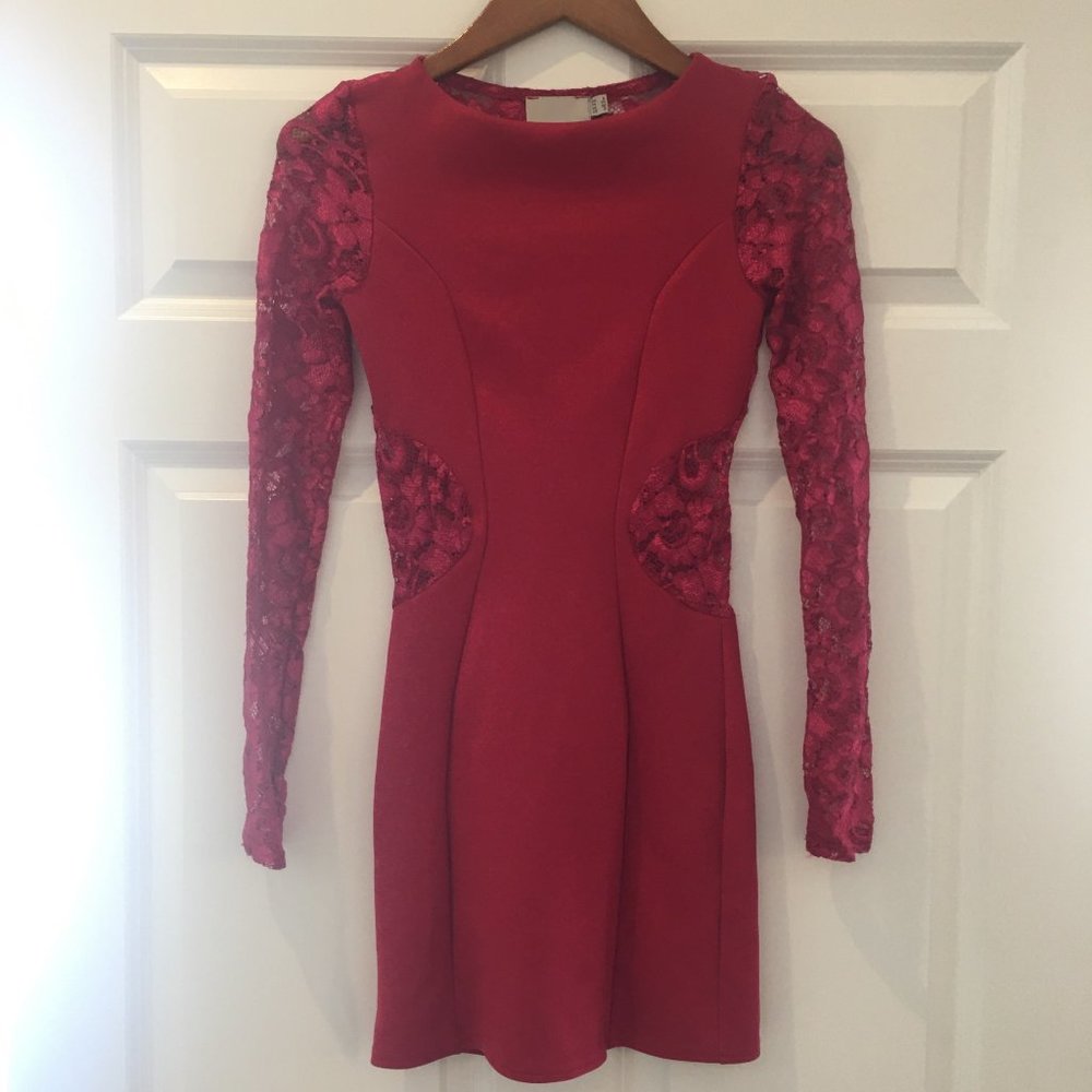 Dark Red Long Sleeve Lace Bodycon Dress